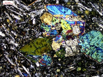 Slide 423 - Basalt from Rackwick, Hoy under cross polarised 